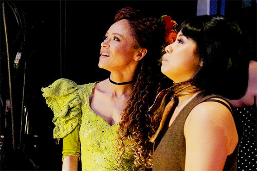 Amber Gray and Eva Noblezada backstage during the 73rd Annual Tony Awards at Radio City Music Hall o