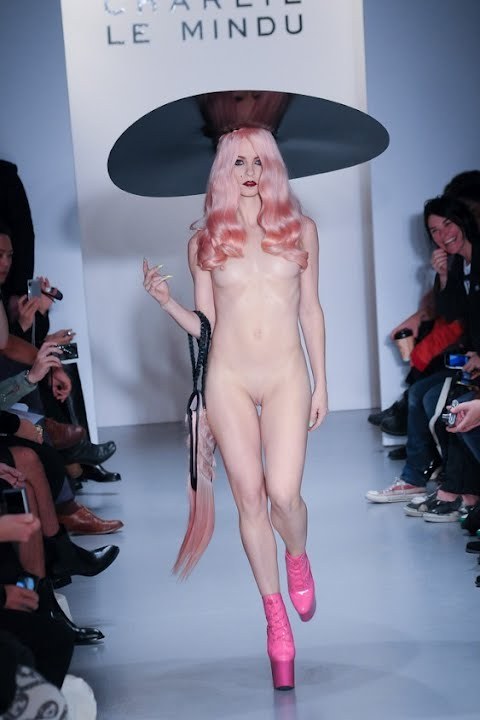 Nude fashion models on catwalk
