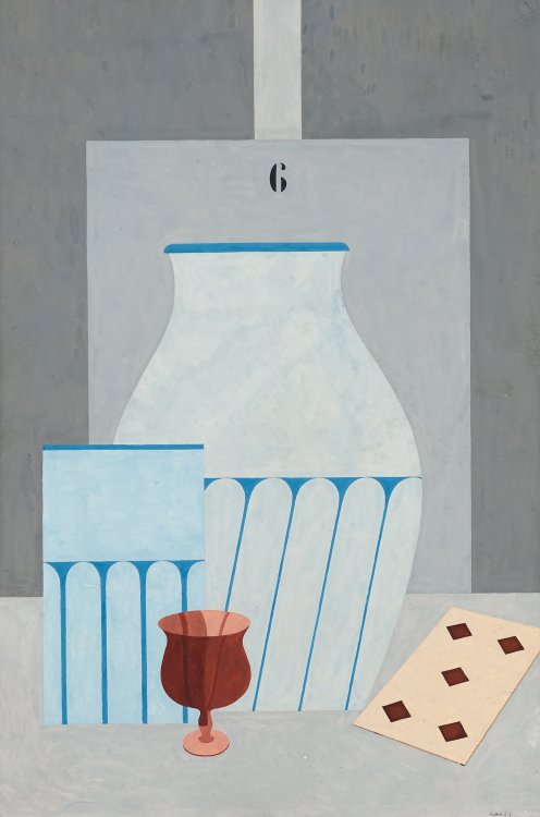 thunderstruck9:Otto G. Carlsund (Swedish, 1897-1948), Still Life with Glass, Vases and Playing Cards