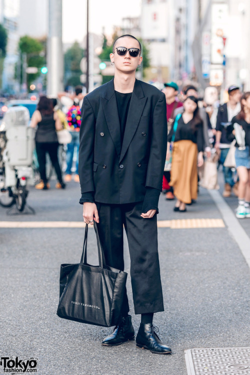 Japanese model Kazuki on the street in Harajuku wearing an all black look by legendary designer Yohj