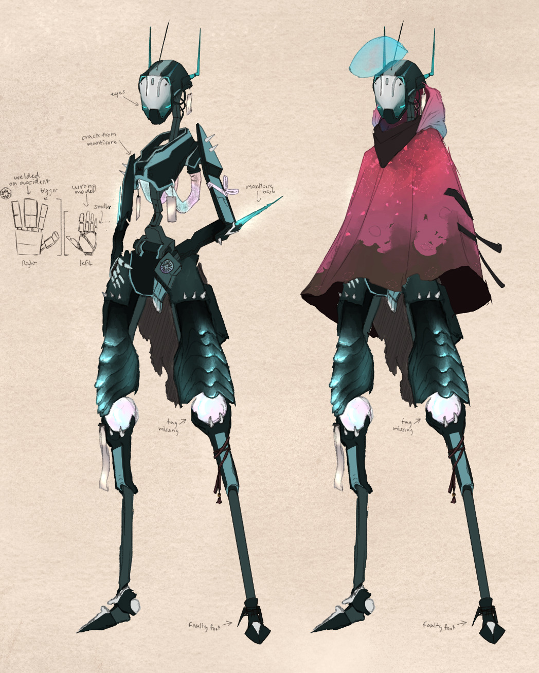 A robot, Blink, standing still. They have a pink cloak on, and their limbs are mismatched or from various models.