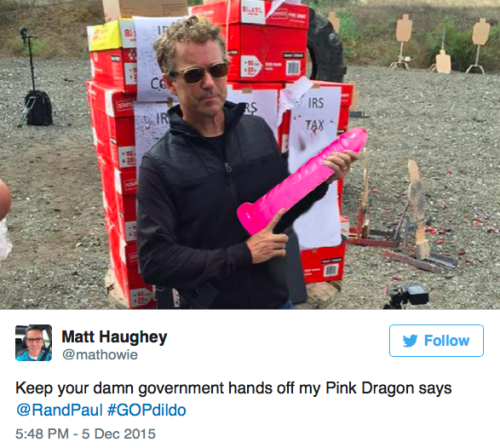 micdotcom:  This guy is replacing the guns with dildos in pictures of the Republican candidates Oh and you can follow him at @gopdildo 