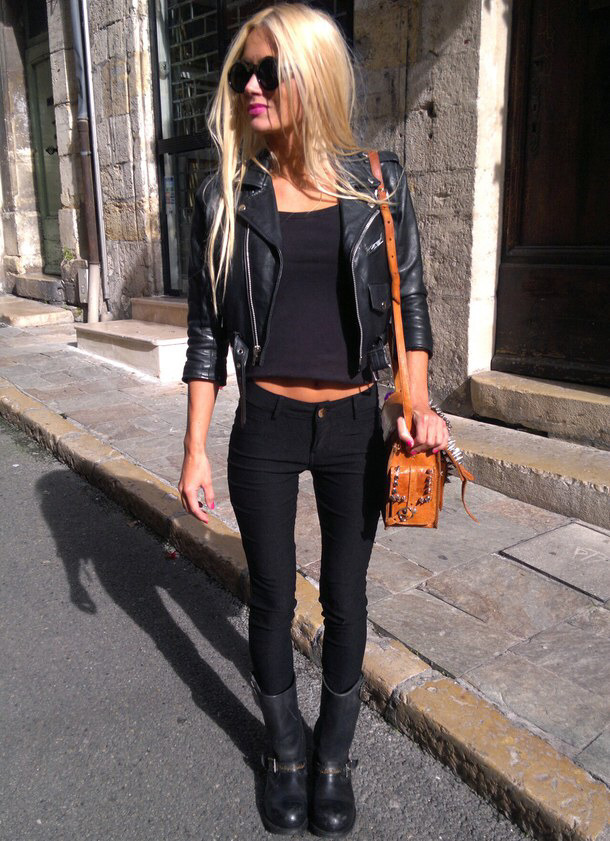 Hot babe leather jacket jeans