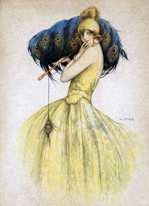 sydneyflapper: Louis Icart painting - lady with a peacock fan