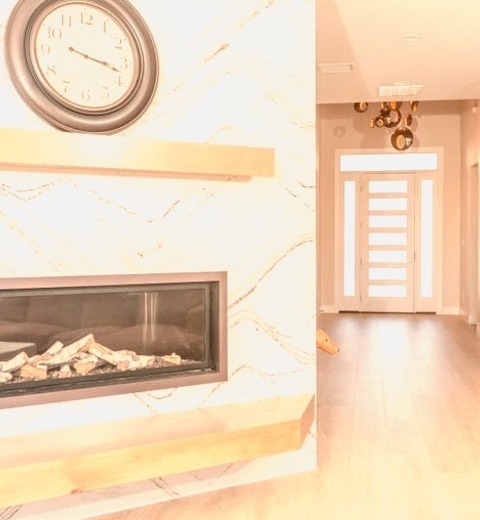 Denver Open Mid-sized Open Concept Light Wood Floor Living Room Photo With Beige Walls, A Corner Fireplace