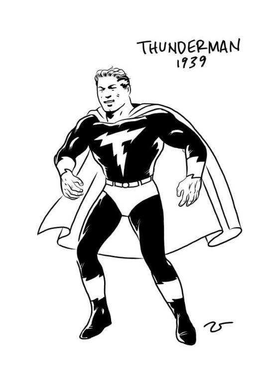 "Thunderman 1939" - a sketch of a Superman-type hero by Rick Veitch for a once-intended comic who was ultimately the subject of Alan Moore's short story "What We Can Know About Thunderman"