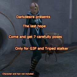  This is the last series devoted to the Triped Stalker and G3F by Darkesire! Come and get 7 particularly careful poses.You Get: -7 poses for Triped Stalker (except for the pose 19 which contains 2 poses for 2 Triped) -7 poses for G3F -Expressions for
