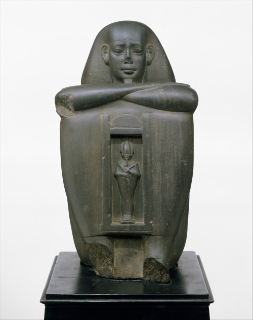 Naophorous (temple-bearing) greywacke block statue of Psamtik[seneb], governor of Sais.   Artist unk
