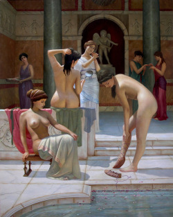 agracier:  mercuruniverse:  “Roman Baths” by Bruno Vepkhvadze, Georgian artist  (2009). Source: http://www.paintingsgallery.pro/artists/artist_vepkhvadze_bruno_229756/  Reminiscent of the works of Alma-Tadema and Fortunino Matania … 