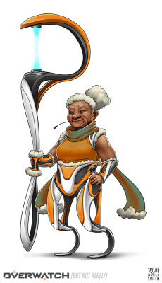 tadeles:  i made an overwatch oc !!!!!!!! there’s lots of old men in ow but not enough old ladies so i fixed it :-)  i would make her origins/legendary skins but im sleepy &amp; color swaps r easy  (●´ω｀●) 