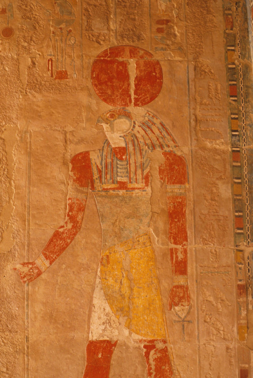 Relief of Ra-HorakhtyPolychrome relief of the sun god Ra-Horakhty, Chapel of Anubis, Mortuary Temple