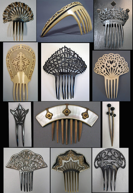 Mid 19th C. Victorian to 1910s Edwardian combs in black and ivory celluloid, with one mother of pear