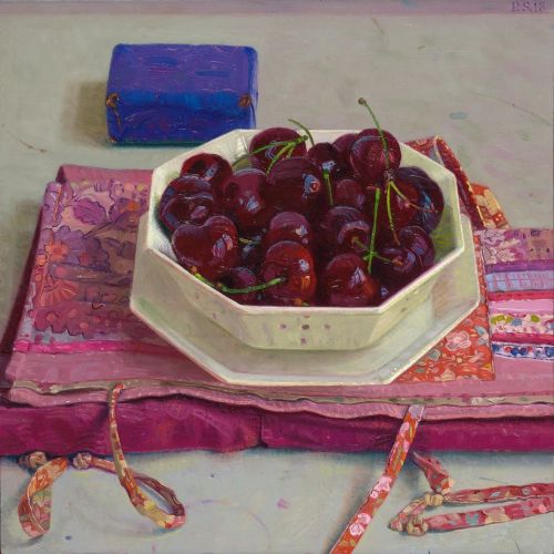 huariqueje: Good Cherries  -  Piet Sebens Dutch,b.1961- Oil and acrylic on panel 25 x 25 c