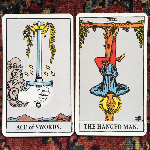 unhelpfultarot: Ace of Swords and The Hanged ManSo, uh, do you want me to cut that rope off your ank