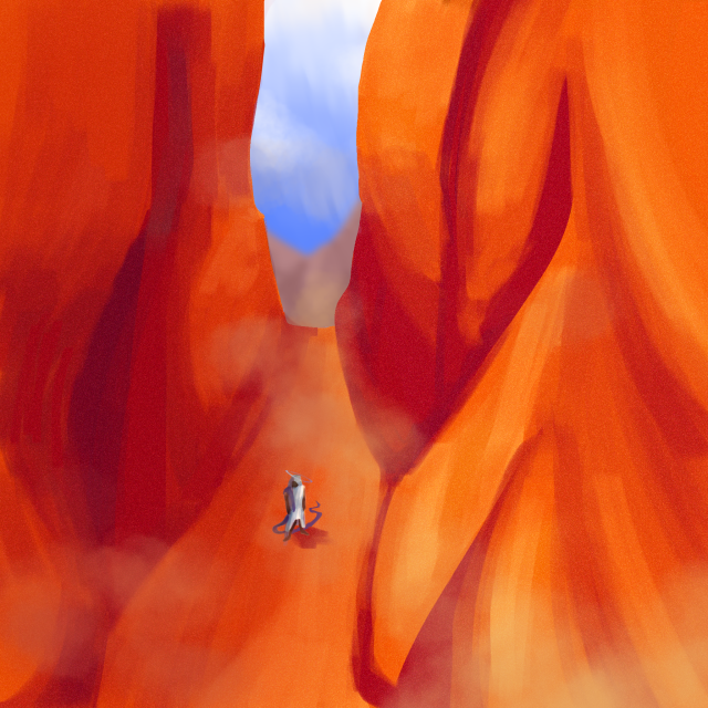 A digital painting of an orange desert canyon. The sky between the two cliff sides is bright blue. In the distance, a black person dressed in white stands at the bottom. They've got a purple scarf draped over one shoulder and trailing the ground behind them, as well as a blue ring around their head.