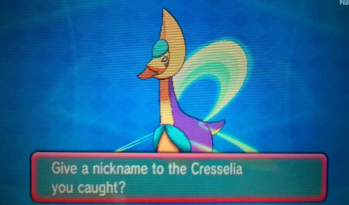 pokemon-global-academy:   During my doctor appointment I decided to try soft resetting for Cresselia and after 10 soft resets this goddess appeared! But I struggle so much to catch it since my battery was dying and I have 4 little kids trying to grab