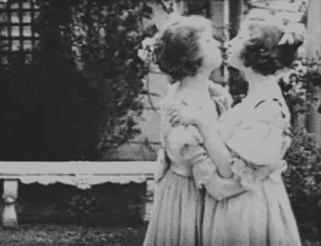 cantgetanygayer:  The end of “Orphans of the Storm”. There is a scene earlier when Lillian Gish’s character Henriette is being taken away to be executed. Dorothy Gish’s character Louise is devastated. They begin kissing furiously. So yes, this