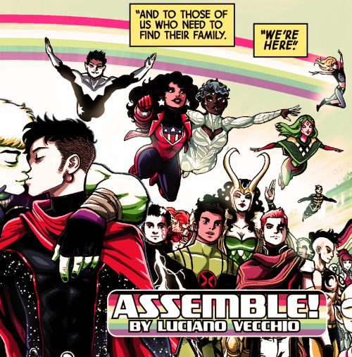 lgbtincomics:LGBTQ Marvel heroes in “Assemble!” by Luciano Vecchio, from Marvel’s 