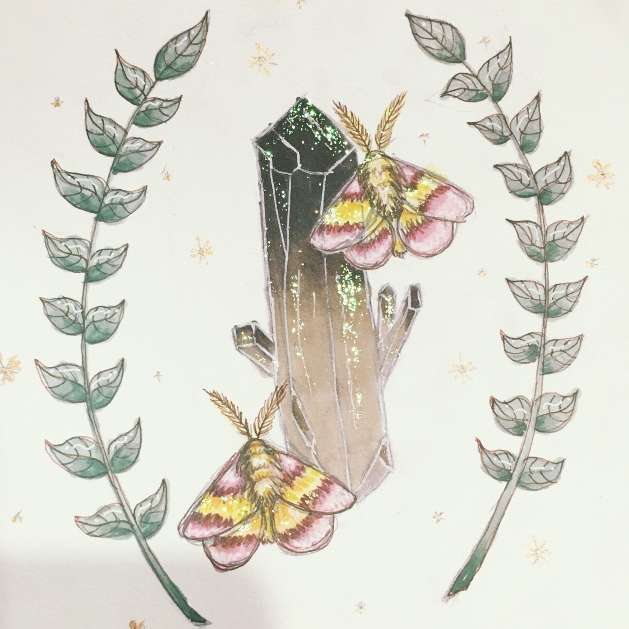 sleepyypeachh:Rosy maple moths, plants, and smoky quartz piece I made tonight~ 🌙✨🌿