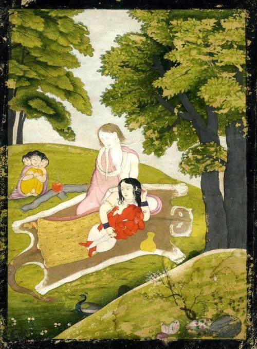 Śiva and his family (Pārvatī, Gaṇeśa, and Karttikeya) in a landscape, Kangra Style