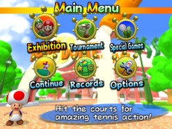 suppermariobroth:  In the main menu of Mario Power Tennis, Toad is present to explain the selection options. It appears as though Toad is close to the background and roughly the same size as the icons. However, moving the viewpoint reveals that Toad is