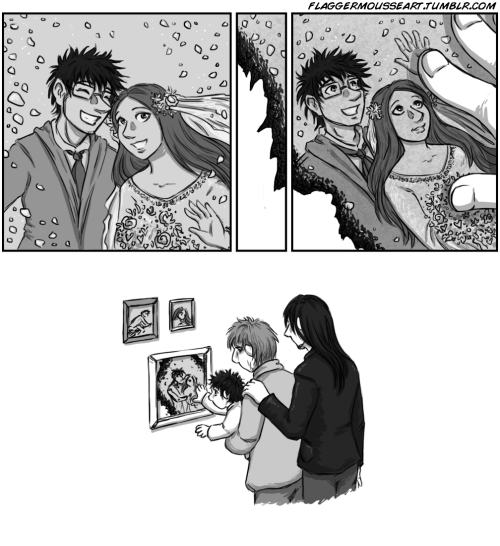 flaggermousseart:Fromseveral framed photos, James and Lily Potter were waving. Harry noticed, andtri