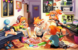 too-much-green:  Since we got an ok to post our @turfwarzine​ pieces, here’s mine!Inkling squad meeting before a match &gt;B) Battles would be much less painful if there’s actually communication…   seriously&hellip;..I need a squad T T
