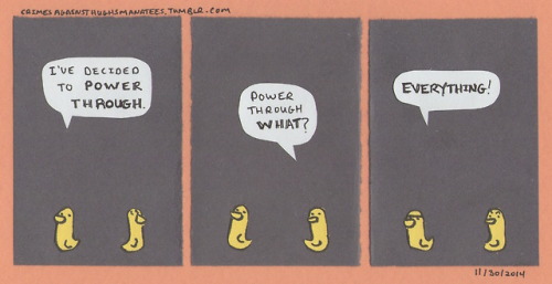 crimesagainsthughsmanatees: Comic from 11-30-2014 PATREON  [image is a 3-panel comic of two yellow d