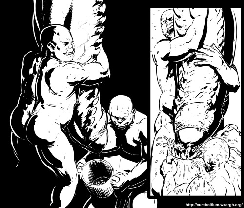 zsisron:  Take from this what you will! Orcs milking a dragon!   Could they be milking the dragon for the good of the tribe? Collecting his seed for alchemical and magical reagents?  Maybe the dragon is the one that rules the clan of orcs?  Perhaps