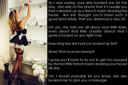 clickthelock:  As I was saying, your wife booked me for the day.  She said on the phone that it’s usually you that’s dressed up as a french maid cleaning the house. caption by http://clickthelock.tumblr.com 