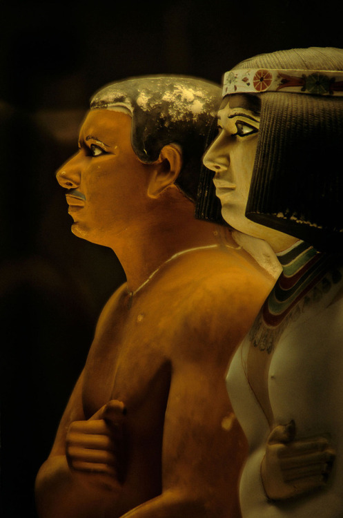 Painted limestone statues of prince Rahotep and his wife Nofret excavated in 1871 by Auguste Mariett