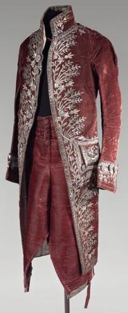 Court Costume, France, Louis XVI, cut velvet in garnet with silver and gold embroidery and glass bea