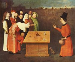 sagan-indiana:  The Conjurer, 1475-1480, by Hieronymus Bosch or his workshop. Notice how the man in the back row steals another man’s purse while applying misdirection by looking at the sky. The artist even misdirects us from the thief by drawing us
