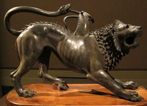 lionofchaeronea: Etruscan bronze sculpture of the Chimera (known as the “Chimera of Arezzo”).  Artist unknown; ca. 400 BCE.  Found at Arezzo, Italy; now in the Museo Archeologico Nazionale, Florence.  Photo credit: Sailko/Wikimedia Commons.