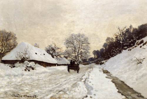 centuriespast:MONET, ClaudeA Cart on the Snowy Road at Honfleur1865Oil on canvas, 65 x 93 cmMusée 