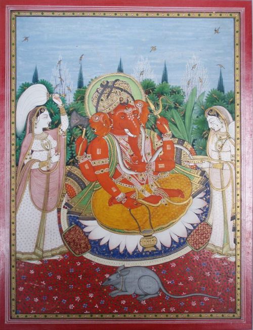 Śrī Gaṇeśa with his consorts Siddhī and Buddhī, Kangra painting