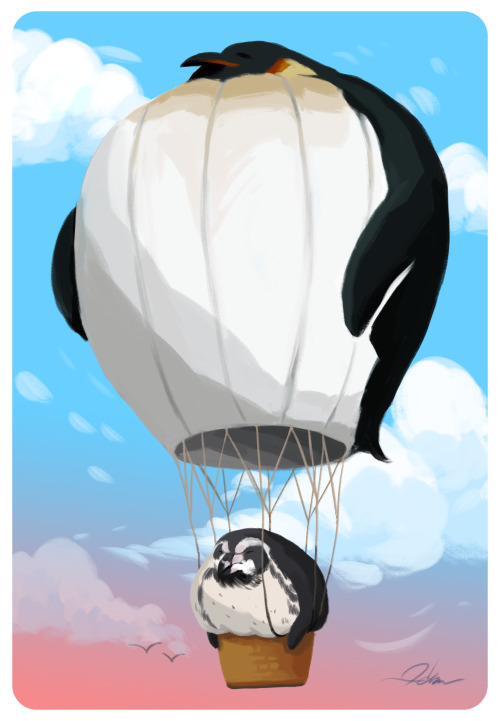 crypitd:(Humboldt) Penguin riding a (Emperor) Penguin Hot Air Balloon for Fat Bird Friday! (Feathere