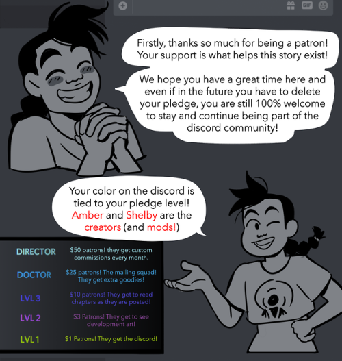 Here are some highlights from little comic that Amber made to welcome new patrons to our Discord. It
