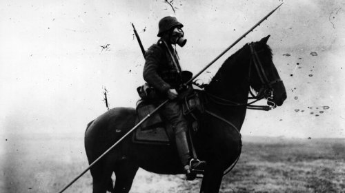 pandacommander24a:A German cavalryman wears a gas mask and carries a long spear or pole, from two di