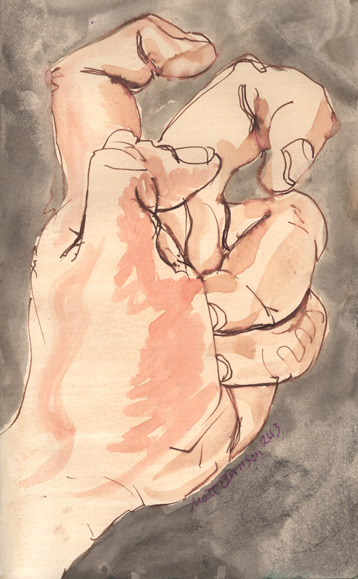 Hands drawn by Matt Bernson.   Ink & watercolor on paper, 5"x8"