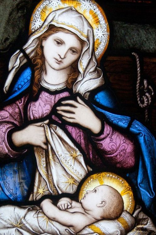 Detail of a stained glass window of the Holy Family, depicting Madonna and child. Church of the Imma