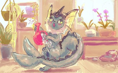 hushcoil:A Rash Vaporeon is learning to garden indoors on a bright sunny day!