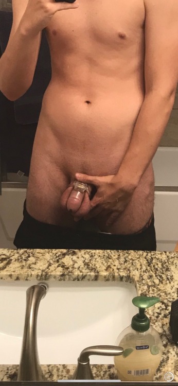 lockedforherinaz:  Aww poor little boyfriend has been locked up for all of December! ;) And I’ve been teasing him and his little locked up dick more than usual.   He is dying to be released and for me to let his little dick cum… but I think he is