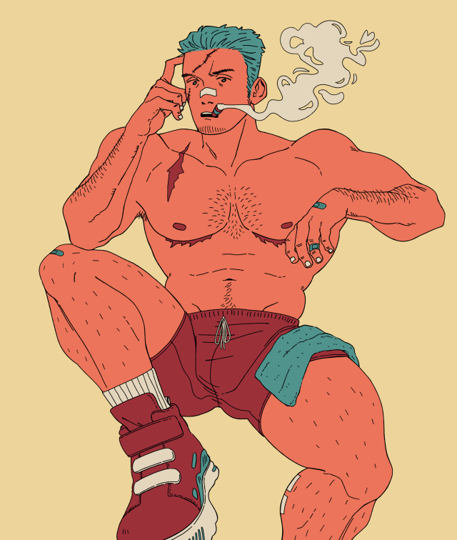 A digital drawing of Vice Admiral Smoker like a vintage gay pin up, left arm propped up on absolutely nothing and right hand pointing to his temple. His right leg is also propped up on thin air. He is wearing naught but a pair of red drawstring shorts and red basketball shorts with white crew socks. He is covered in bandages and a light dusting of body hair. And top scars. A cloud of smoke billows from the cigar in his mouth. Let me tell you, I was fighting for my life while drawing this.