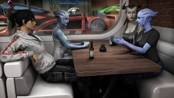 asarimaniac:  Another commission from the awesome Leia and Maggott-Tron!Featuring their characters Asena and Mesana meeting Kira and Liara on one of the good days of shore leave, having drinks, sharing battle stories… and other stories.