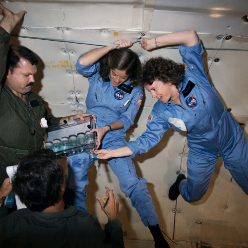 lightthiscandle:Christa McAuliffe and her backup, Barbara Morgan, train for spaceflight and weightle