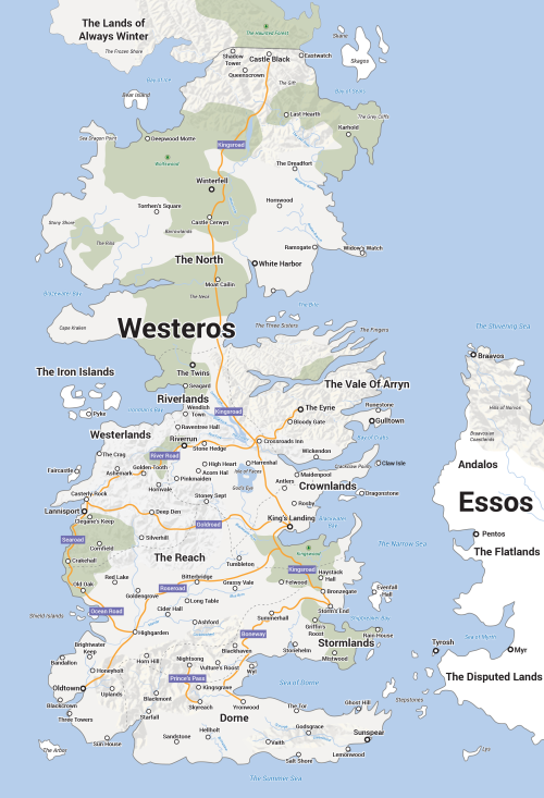 guydouglas:Original work. A map of Westeros from A Game Of Thrones in the style of Google Maps. 