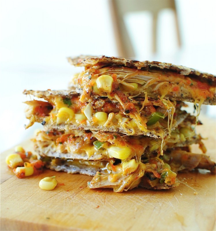 gastrogirl:  chicken quesadillas with roasted red pepper sauce. 