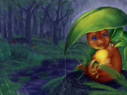 alternative-pokemon-art:  Artist Charmander sheltering from rain under a leaf by request. 