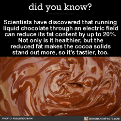 vivvav:  did-you-kno: Scientists have discovered that running liquid chocolate through an electric field can reduce its fat content by up to 20%. Not only is it healthier, but the reduced fat makes the cocoa solids stand out more, so it’s tastier, too.